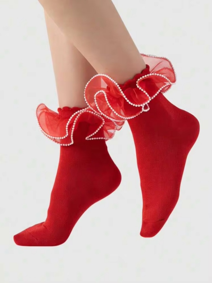 Women’s Red Ruffle Ankle Socks with Sheer Organza Bow & Pearl Trim – Elegant Decorative Frill Socks